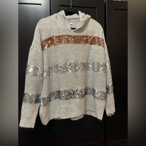 Nine West Gray Hooded Sweater with Sequin Stripes Sparkle Holiday Party XL